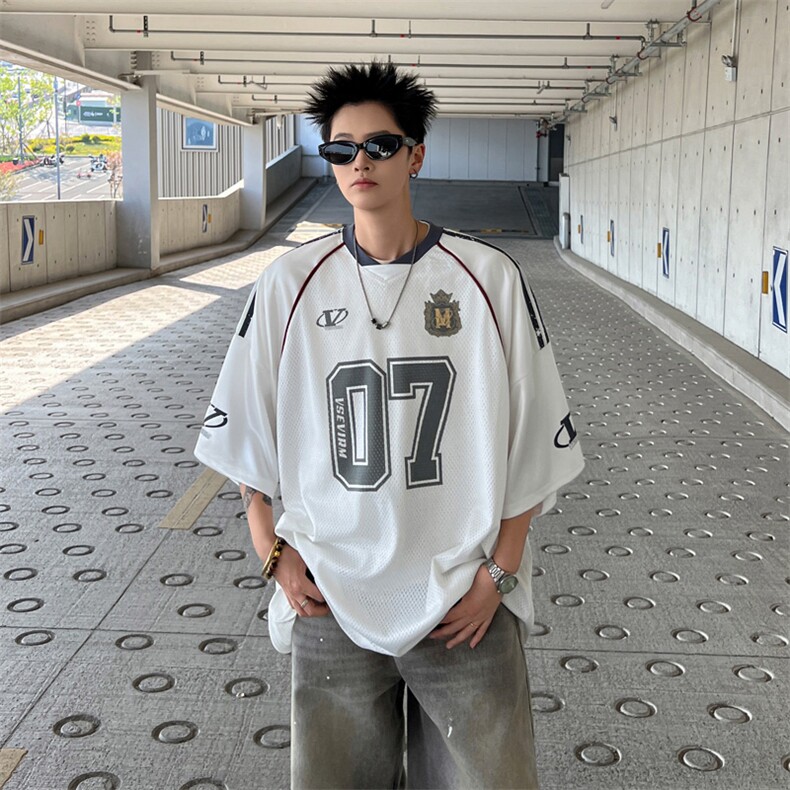 美式夏季薄款网面字母印花球衣T恤男女小众休闲运动长袖打底上衣,男装Polo衫,四季星座505