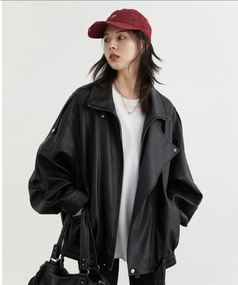 杨树林同款复古宽松显瘦美式夹克，女装皮衣，禾雯电商供货