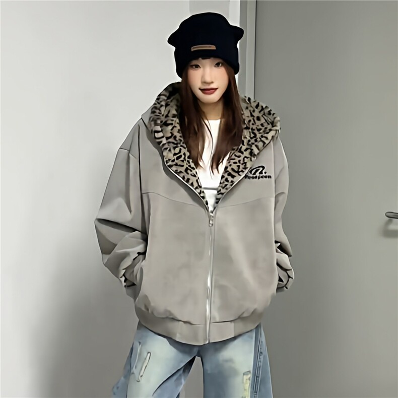 1506/QA2750/P75豹纹双面穿棉服连帽设计感男女冬季工装夹克棉衣,男装夹克,星座1506