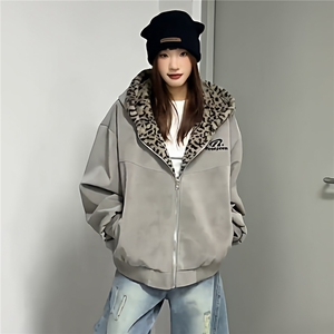 1506/QA2750/P75豹纹双面穿棉服连帽设计感男女冬季工装夹克棉衣图片