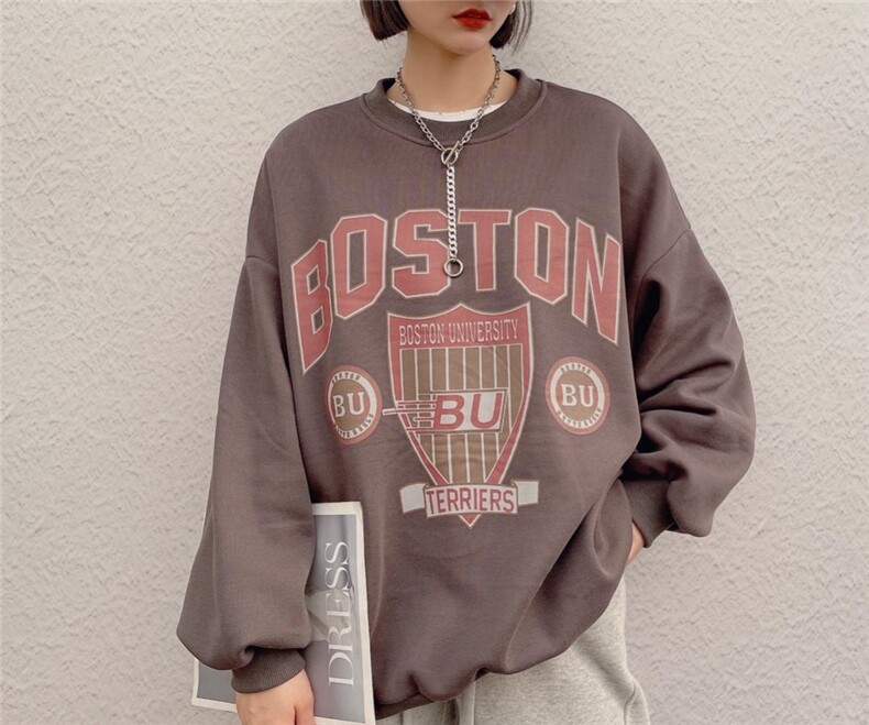 2021年冬装新款韩版宽松加绒加厚卫衣，女装卫衣/绒衫，咖啡色