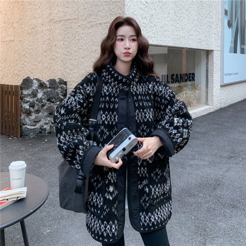 撞色拼接羊羔毛外套女2025冬季新款韩版时尚宽松显瘦防风保暖大衣,女装卫衣/绒衫,2C327