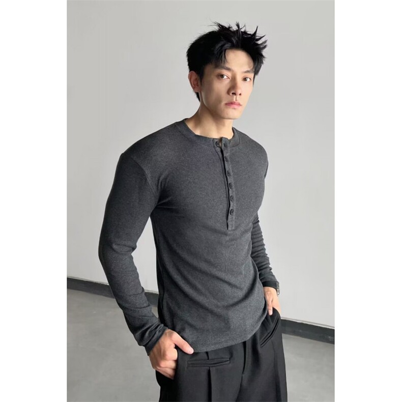 1506/QCW2100/P50潮流感亨利领长袖针织衫上衣罗纹底摆毛衣,男装针织衫/毛衣,星座1506