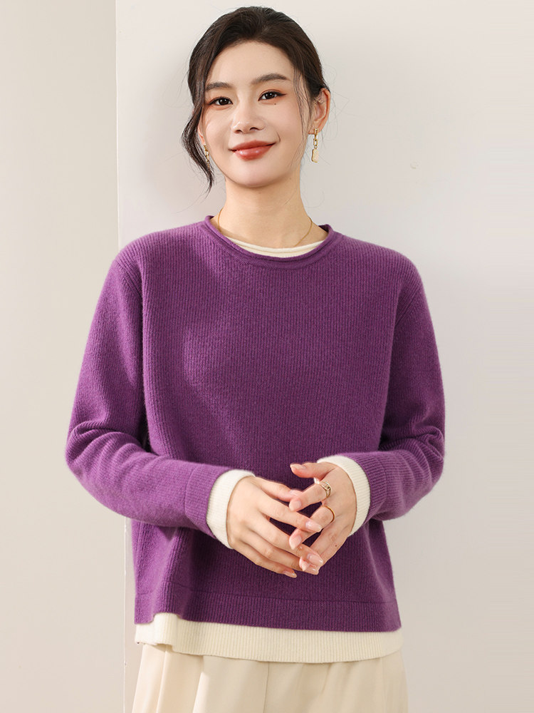 2025年秋季时尚百搭通勤简约休闲圆领卷边假两件，女装羊毛衫，佰旭羊绒