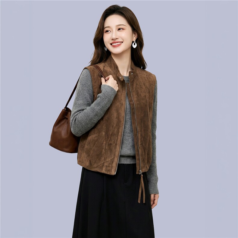 马甲女秋冬咖色洋气经典时尚外套，女装马甲，曼沙奕珂