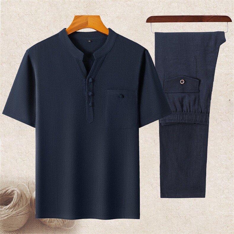 现货男中年风亚麻盘口短袖T恤长裤套装唐装棉麻半袖上衣，男装休闲套装，钱塘723