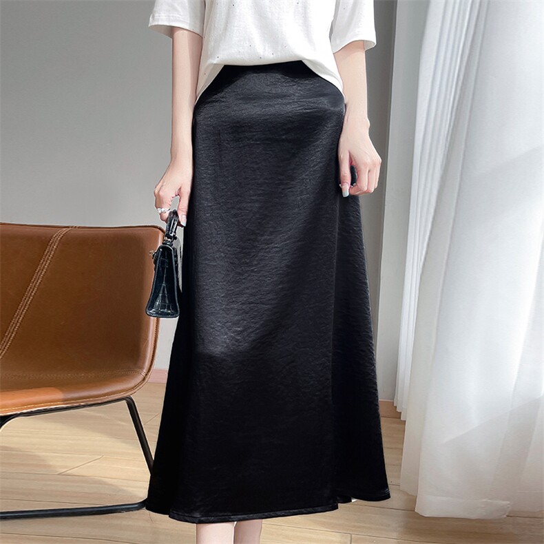 女士夏季显瘦时尚百搭气质缎面-醋酸A字半身裙，女装半身裙，暖习羊绒