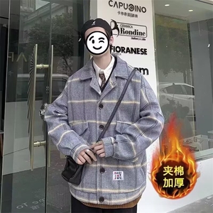 格子毛呢大衣男士秋冬季加厚夹克风衣韩版潮流英伦中长款呢子外套图片