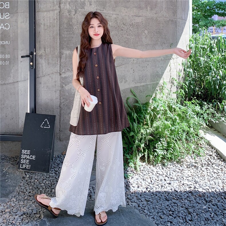 法式复古条纹无袖衬衫阔腿裤套装女2025夏季新款显瘦超好看两件套,女装套装/套裙,2C167