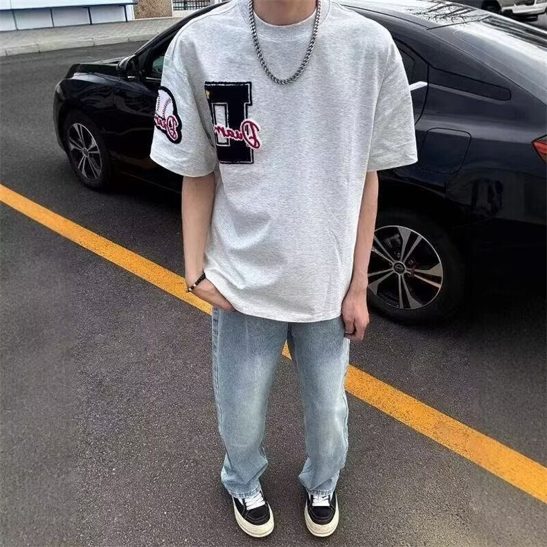 美式重工绣短袖T恤男夏季新款重磅宽松休闲情侣款上衣TX541,男装T恤,星座208-5