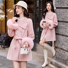 现货主推新款简约时尚休闲气质保暖真狐狸袖毛双面呢大衣送腰带，女装双面呢大衣，韩美纤衣