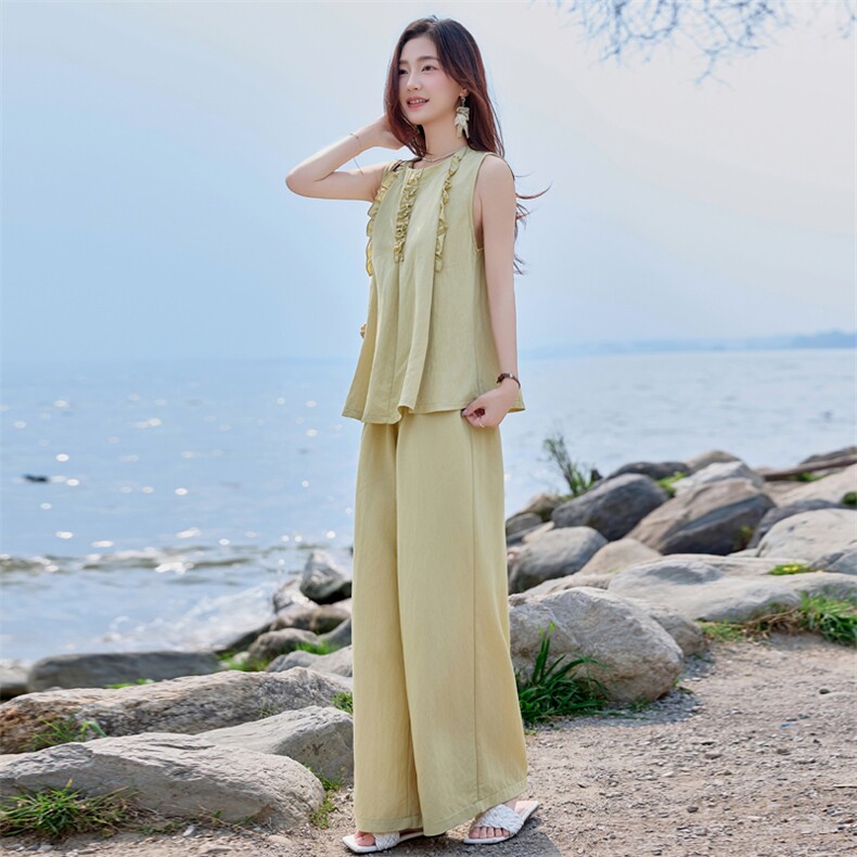 轻熟风时尚套装女2025夏季新款遮肉显瘦无袖背心垂坠拖地裤两件套,女装套装/套裙,难舍钰依