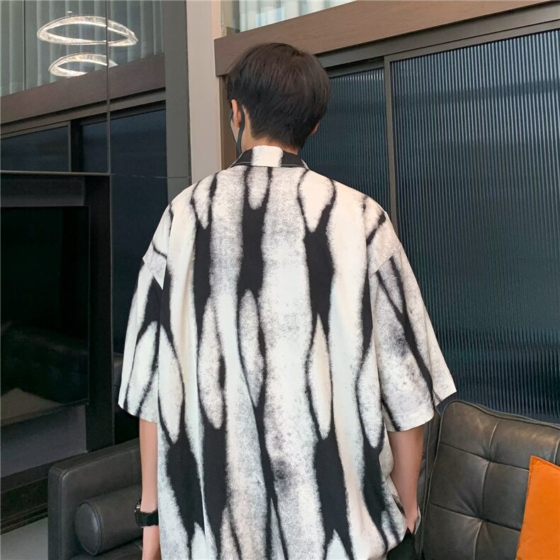 美式复古扎染男士短袖衬衫夏季潮牌潮流日系oversize痞帅五分衬衣,男装衬衫,星座601-2