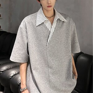 美式假两件正肩POLO衫男款夏季设计感翻领条纹衬衫领拼接短袖T恤，男装T恤，星座715-4