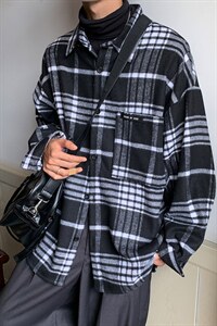 22春秋季新款厚格子衬衫男外套宽松休闲痞帅上衣DX155P55控78图片