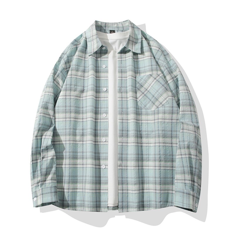 B413-1-DX067美式休闲复古长袖格子衬衫男宽松百搭日系潮流衬衣服图片