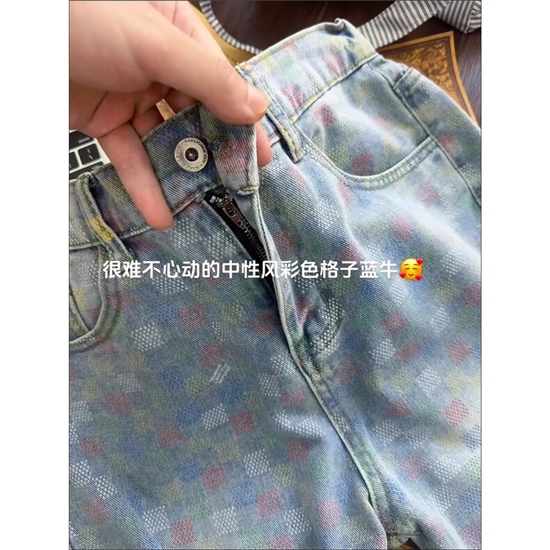 美式彩色格子牛仔裤男夏季2025年新款高街直筒宽松阔腿裤NZ3177,男装牛仔裤,星座516A
