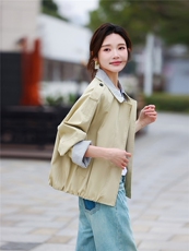 时尚条纹拼接假两件短外套女春季新款设计感减龄夹克风衣上衣，女装短外套，鑫源服饰