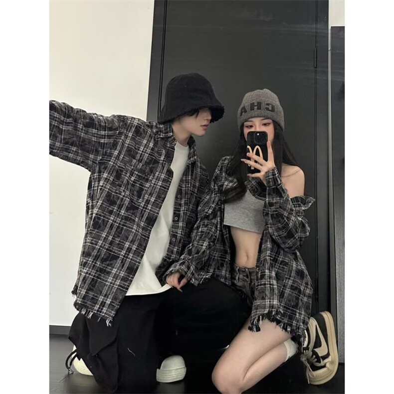 1506//QJ060/P45美式复古扎染格子休闲春秋季宽松百搭外套情侣装,女装短外套,星座1506