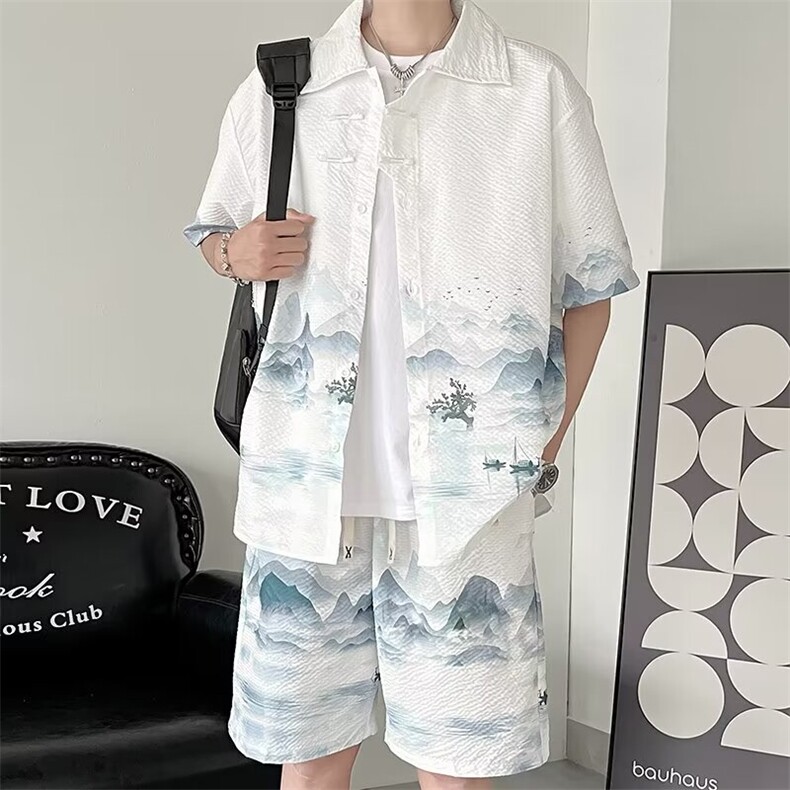 F331-P552024夏季新中式风衬衫套装短袖短裤一套搭配男现货,男装牛仔裤,星座512-6