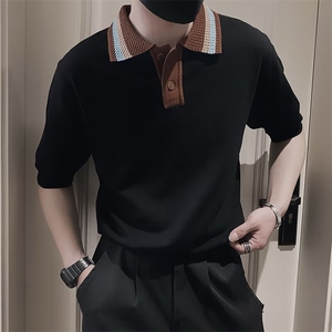 夏季短袖男轻奢休闲高级感翻领撞色薄款针织POLO透气体恤 S332图片