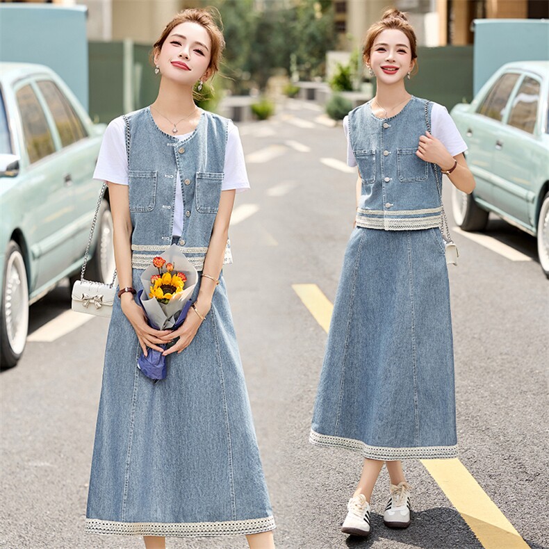 时尚蕾丝拼接牛仔马甲套装女2025年夏季新款洋气减龄半裙三件套,女装套装/套裙,贵人树