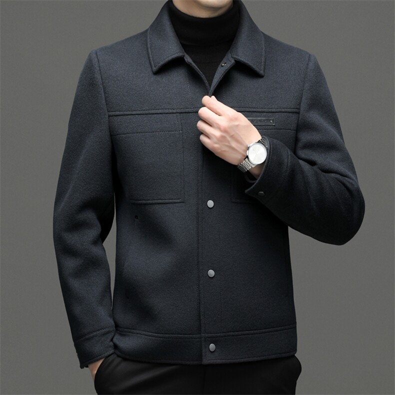 冬季新款翻领纯色双面呢羊毛大衣男装中年鹅绒内胆上衣保暖外套，男装毛呢大衣，电商B212（原钱塘6029）