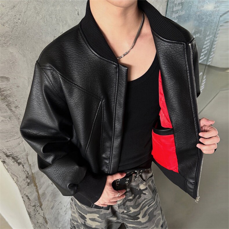 抖音得物高品质美式高街复古老钱风PU皮夹克外套男女短款机车皮衣，男装夹克，电商A486