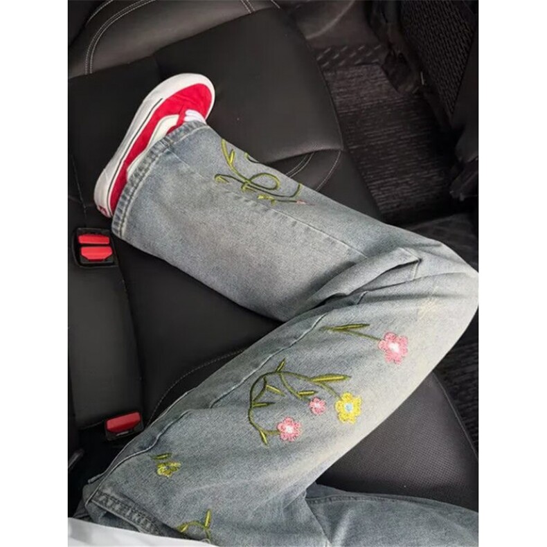 炸街直筒裤子花朵刺绣微喇牛仔裤男潮牌ins宽松休闲裤NHW12,男装牛仔裤,星座1116A（原606A-3）