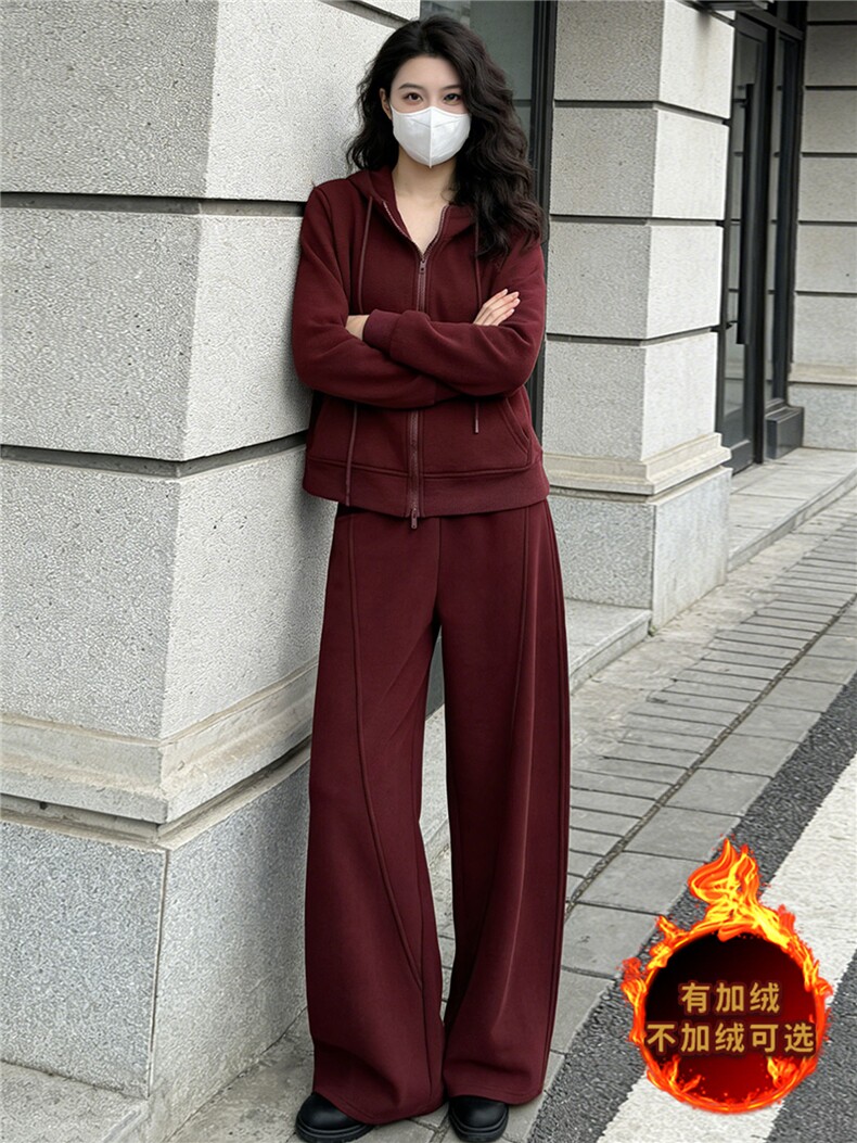 时尚休闲运动套装女秋冬款洋气减龄气质拉链连帽卫衣直筒裤两件套,女装套装/套裙,江南