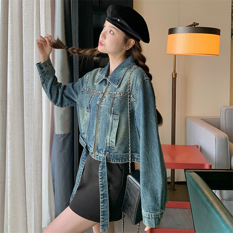 港味酷飒风男友控牛仔夹克女春秋新款韩版小个子美式显瘦短款外套,女装牛仔外套,纯色衣恋