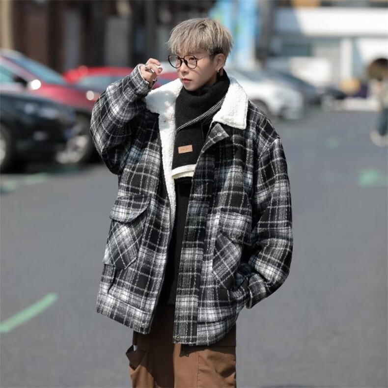 黑色羊羔毛外套男冬季美式高街格子棉服加绒保暖M9017-P85,男装夹克,星座1109-3