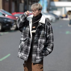 黑色羊羔毛外套男冬季美式高街格子棉服加绒保暖M9017-P85，男装夹克，星座1109-3