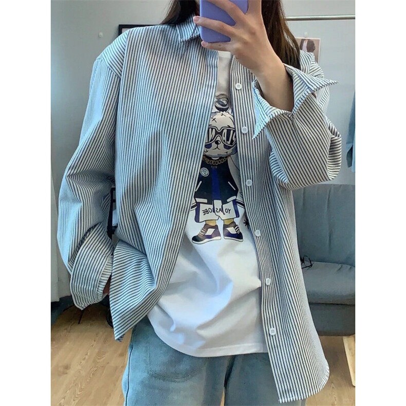 蓝色条纹衬衫男长袖高级感美式复古纯棉衬衣cleanfit夏季情侣外套,男装衬衫,星座1302