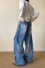 美式复古涂鸦印花牛仔裤女春秋季2025新款高腰宽松阔腿裤拖地裤子，女装休闲裤，星座218-8