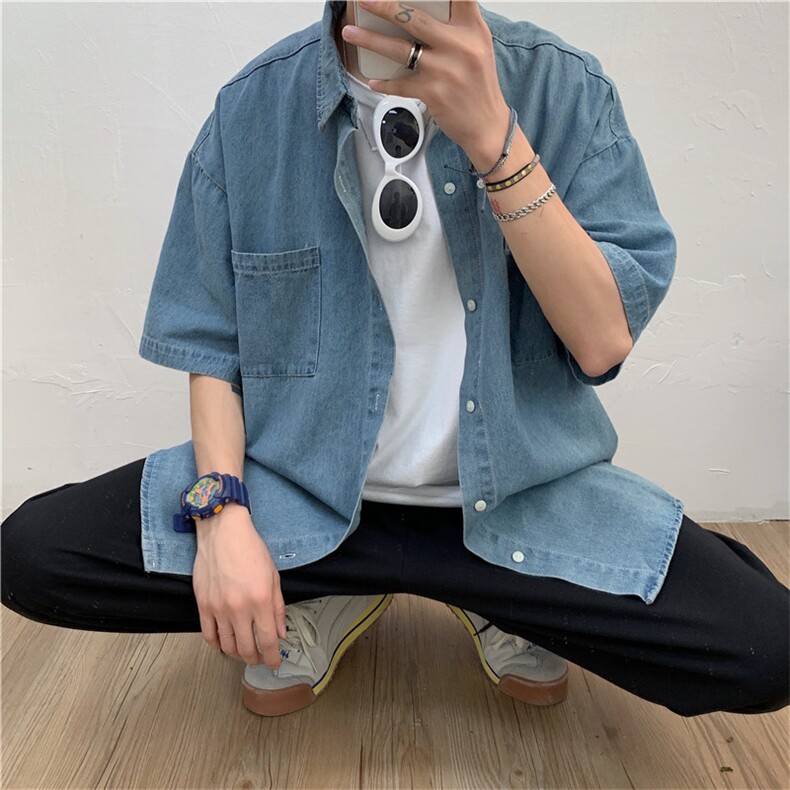 港风ins潮牌牛仔衬衫男女韩版潮流宽松短袖衬衣薄款夏季CS05-P40,男装T恤,星座1008-2