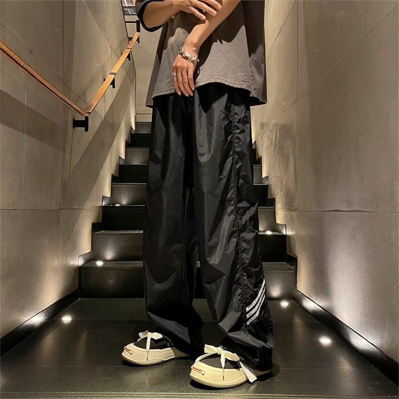 美式设计感条纹休闲裤男复古运动直筒宽松阔腿裤ins潮QK320-P32,男装休闲裤,星座1008
