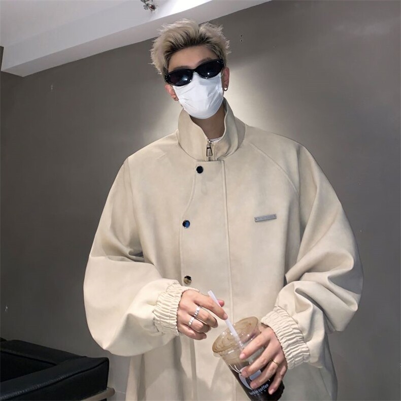 米白色飞机扣皮夹克男款春秋季美式高街设计感痞帅高级感pu皮外套,男装夹克,电商A028