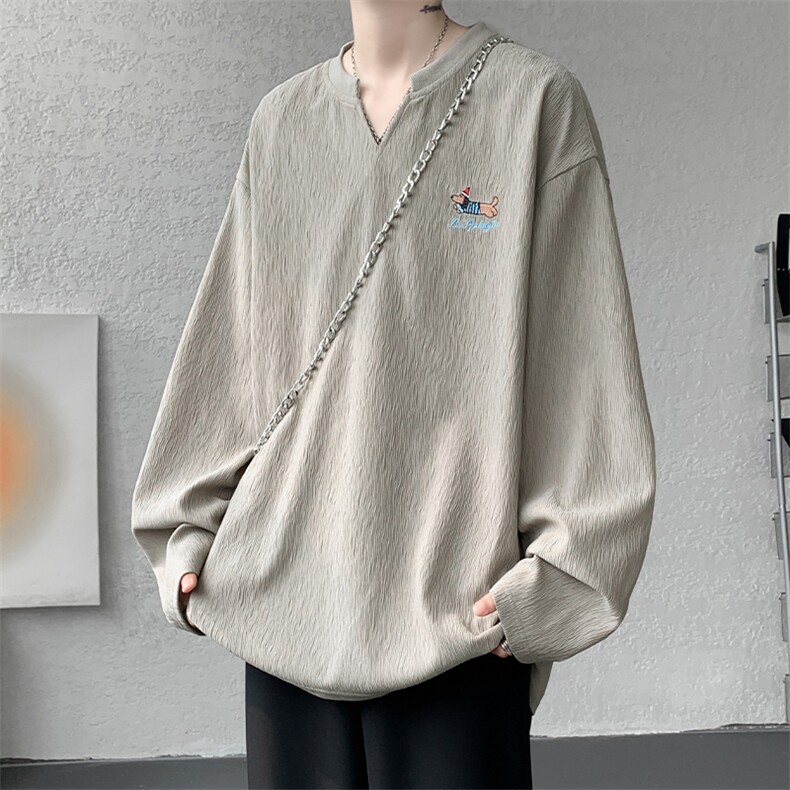 2026春季新款肌理感打底衫腊肠狗V领长袖T恤男T51122-特P28控48，男装T恤，电商A001