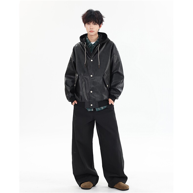 复古休闲宽松假两件连帽情侣皮衣夹克外套XZ402-2P95控128JK729,男装皮衣,星座402-2