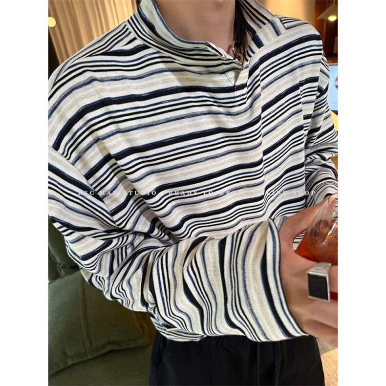 现货JY174-P50精致感小立领彩色条纹休闲宽松长袖T恤上衣网图,男装T恤,星座1501-3