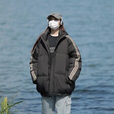 冬季港风三条杠撞色连帽棉衣加绒加厚拼色加厚棉衣外套MY6088P90，男装棉衣，电商A128