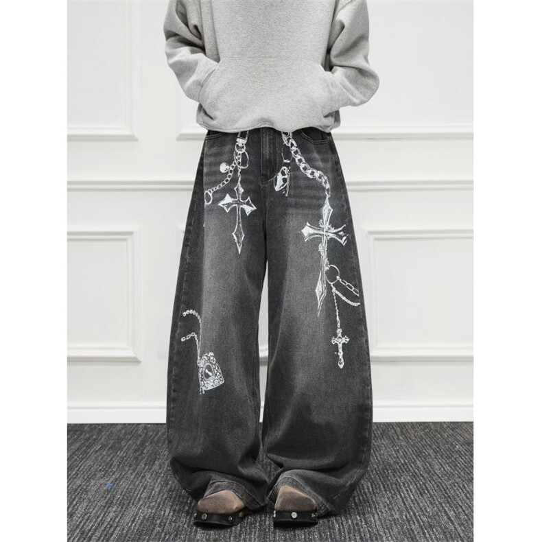 高街阔腿牛仔裤男女韩版潮流做旧印花2025秋冬ins长裤RK3235-P50,男装牛仔裤,星座412-3