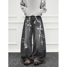 高街阔腿牛仔裤男女韩版潮流做旧印花2025秋冬ins长裤RK3235-P50，男装牛仔裤，星座412-3