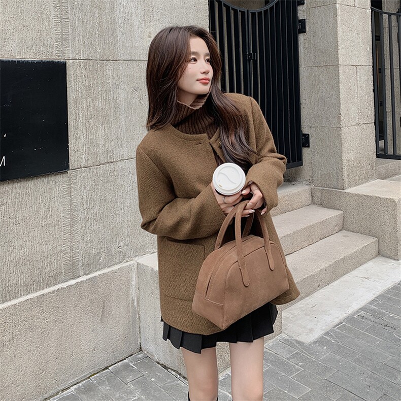 时尚百搭秋冬新款毛呢外套女显瘦气质短款大衣优雅复古风,女装短外套,秋水欣儿