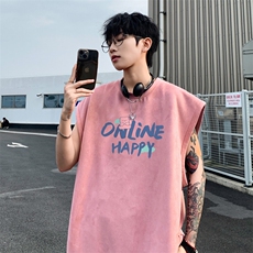 ！2025夏季新款男士麂皮绒无袖T恤潮流青少年背心TLBX18特P18，男装T恤，电商B220