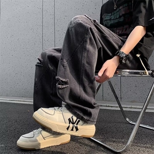 春秋浅色抽绳直筒牛仔裤男宽松长裤ins潮松紧腰潮牌高街休闲2900图片