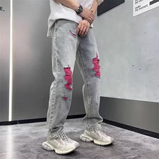 139-P45潮牌高端破洞牛仔裤男款美式高街做旧潮流宽松直筒休闲，男装牛仔裤，电商B323A