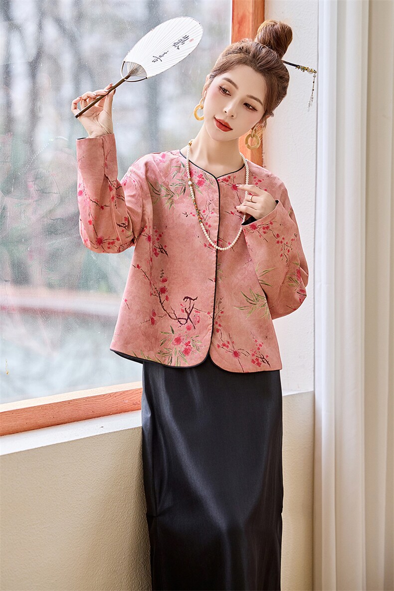 新中式国风提花外套女2025春季新款双面穿长袖圆领民族风开衫上衣,女装短外套,仟媚宠