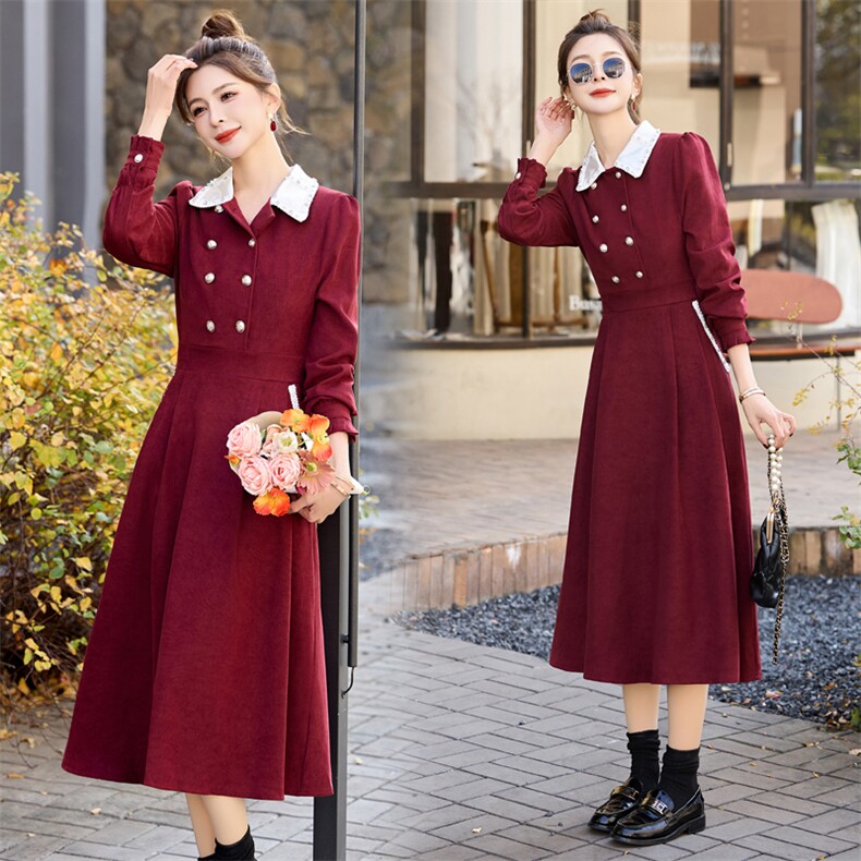 红色法式气质连衣裙女春季长袖2025新款漂亮拼接收腰显瘦连衣裙，女装连衣裙，韩美纤衣